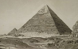 Fragments no gravīras „Pyramides de Memphis : vue de la seconde pyramide, prise du coté du levant. Memfisa piramīda : Skats uz otro piramīdu saullēkta laikā.” 