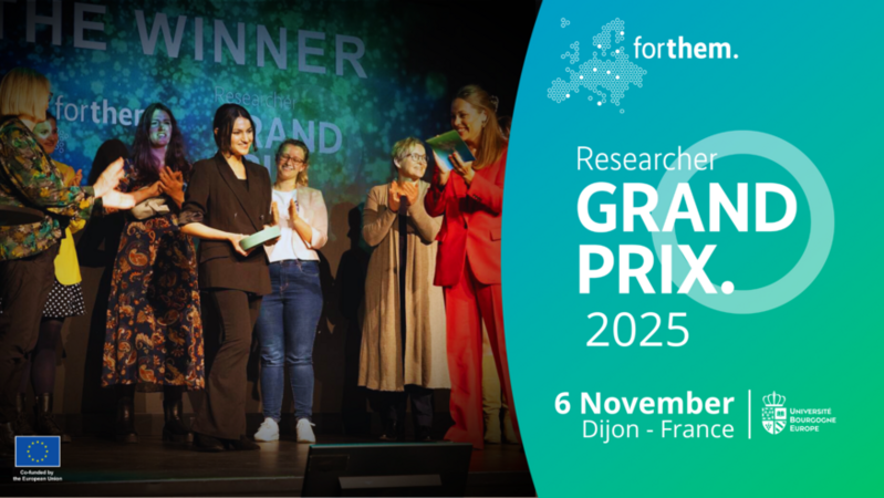 Pasākuma afiša par Researcher Grand Prix 2025, kas notiek 6. novembrī Dižonā, Francijā, ar cilvēkiem uz skatuves un uzrakstu 'The Winner' fonā, kā arī logotipiem Forthem un Université Bourgogne