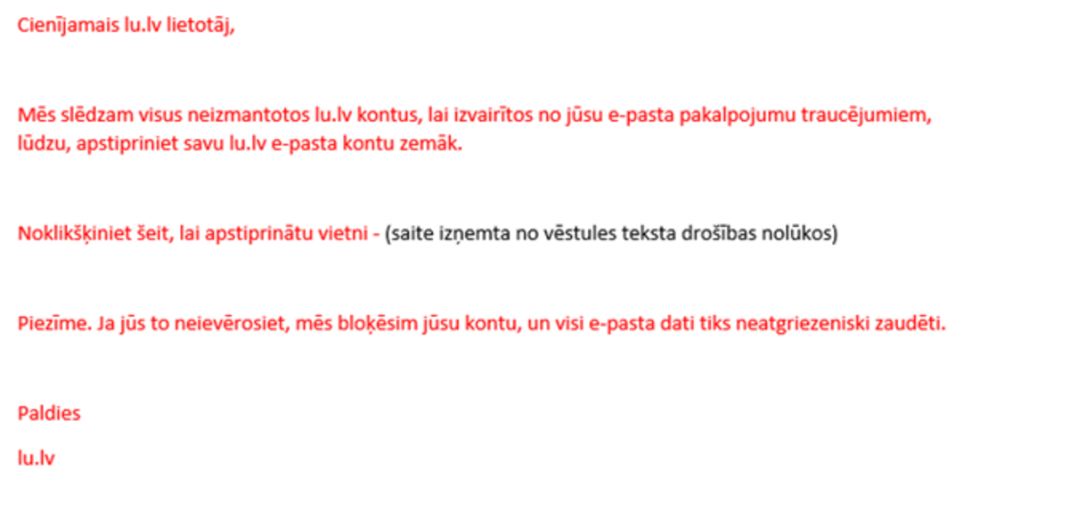 Viltus e-pasta teksts. Ekrānuzņēmums