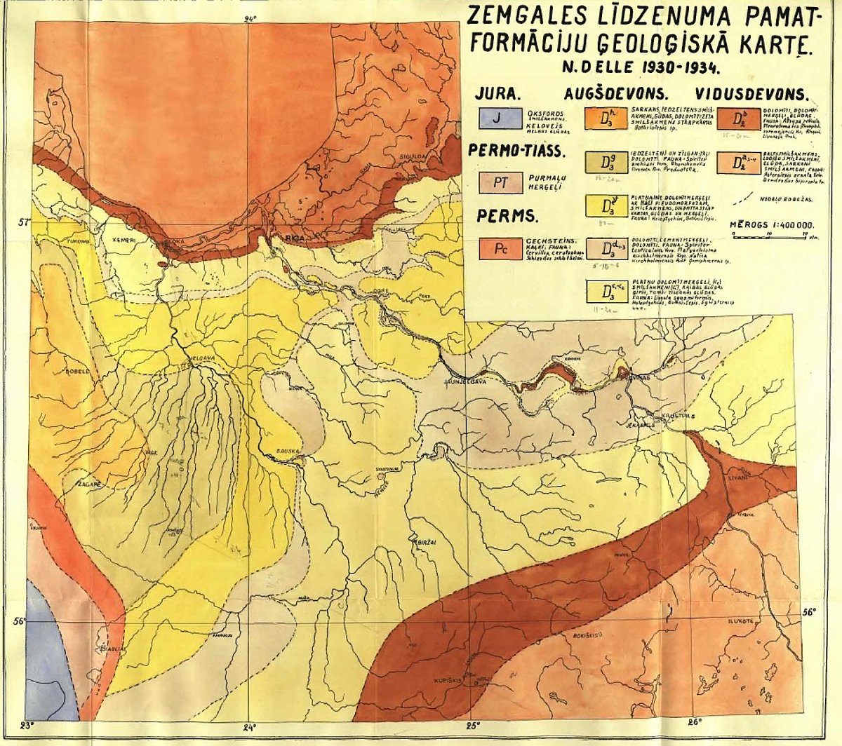 N. Delles disertācijā “Devona nogulumi Zemgales līdzenumā” (1934. gads) publicētā karte “Zemgales līdzenuma pamatformāciju ģeoloģiskā karte” (190.lpp).