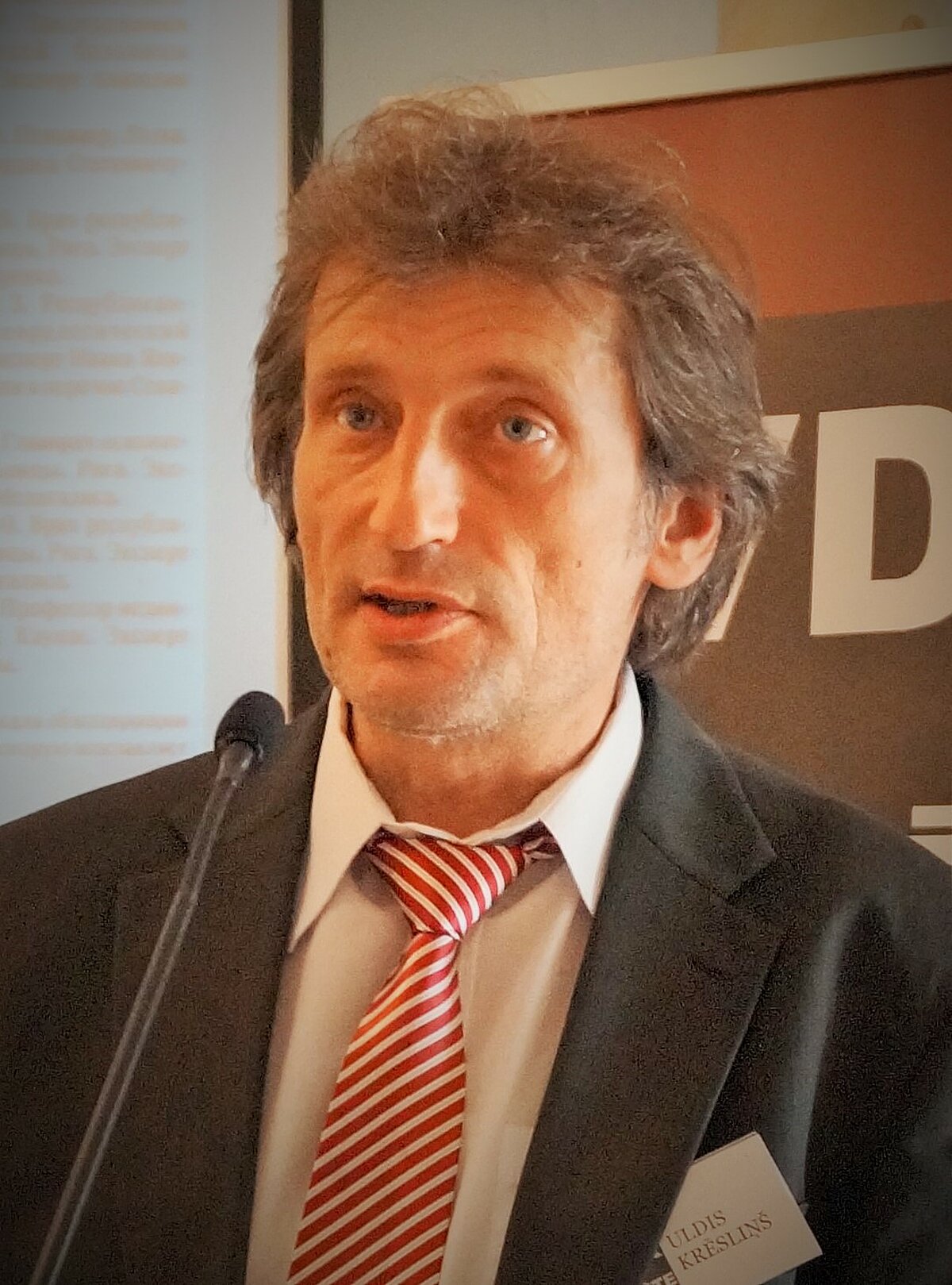 LPSR VDK zinātniskās izpētes komisijas eksperts, Dr. hist. Uldis Krēsliņš konferencē «LIELAIS BRĀLIS TEVI VĒRO: VDK un tās piesegstruktūras» 2016. gada 12. augustā. Kristīnes Lindbergas un Didža Šēnberga foto.
