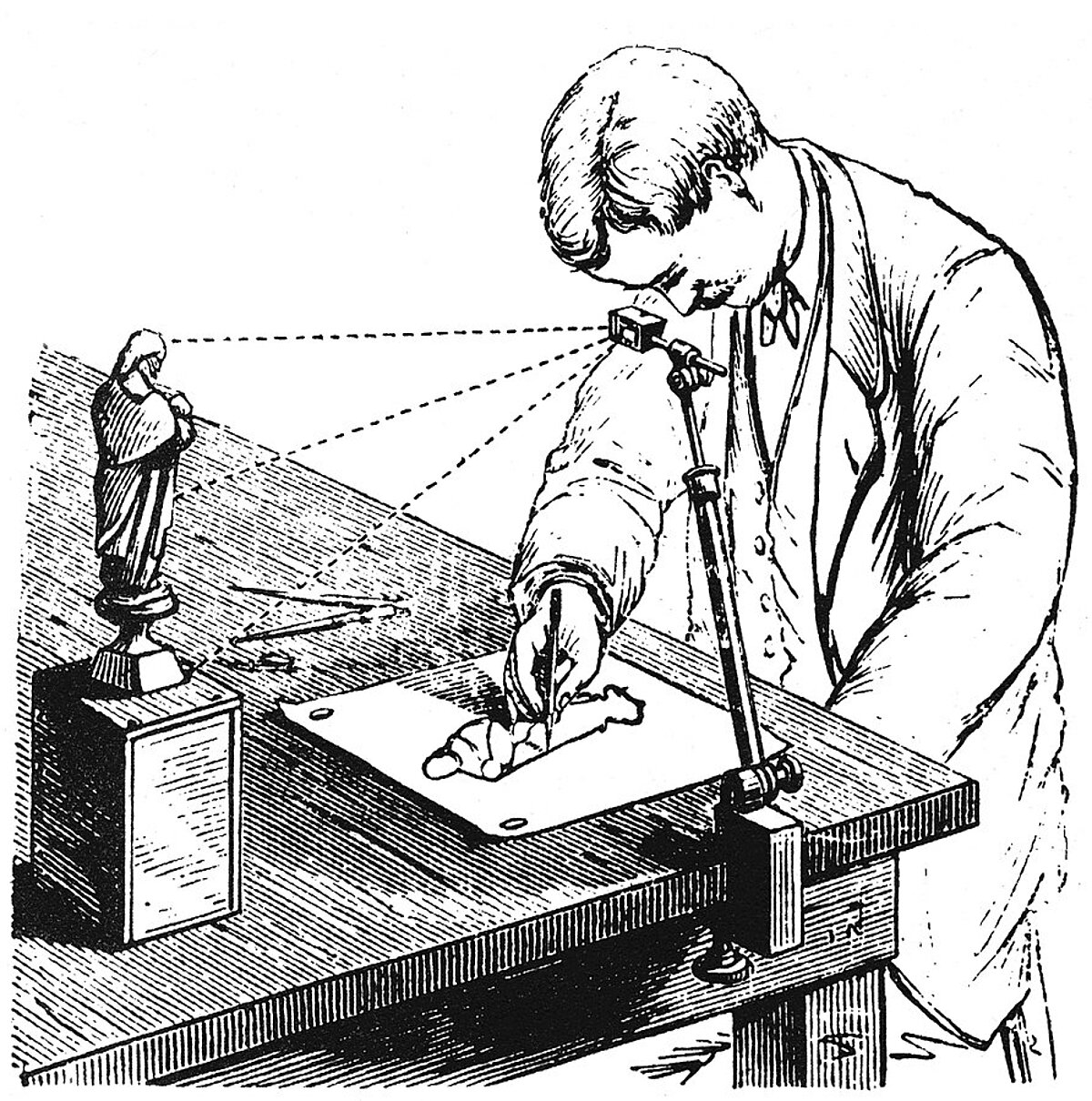 Mākslinieks, zīmējot figūru ar Camera Lucida palīdzību. Ilustrācija no Scientific American Supplement, January 11, 1879. https://en.wikipedia.org/wiki/File:Camera_Lucida_in_use_drawing_small_figurine.jpg