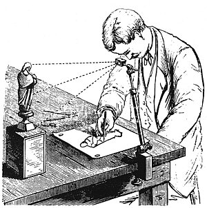 Mākslinieks, zīmējot figūru ar Camera Lucida palīdzību. Ilustrācija no Scientific American Supplement, January 11, 1879. https://en. wikipedia.org/wiki/File:Camera _Lucida_in_use_drawing_small_ figurine.jpg