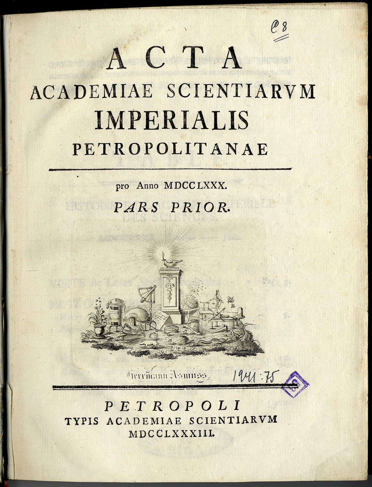 Pēterburgas Zinātņu akadēmijas rakstu krājuma sējuma titullapa
