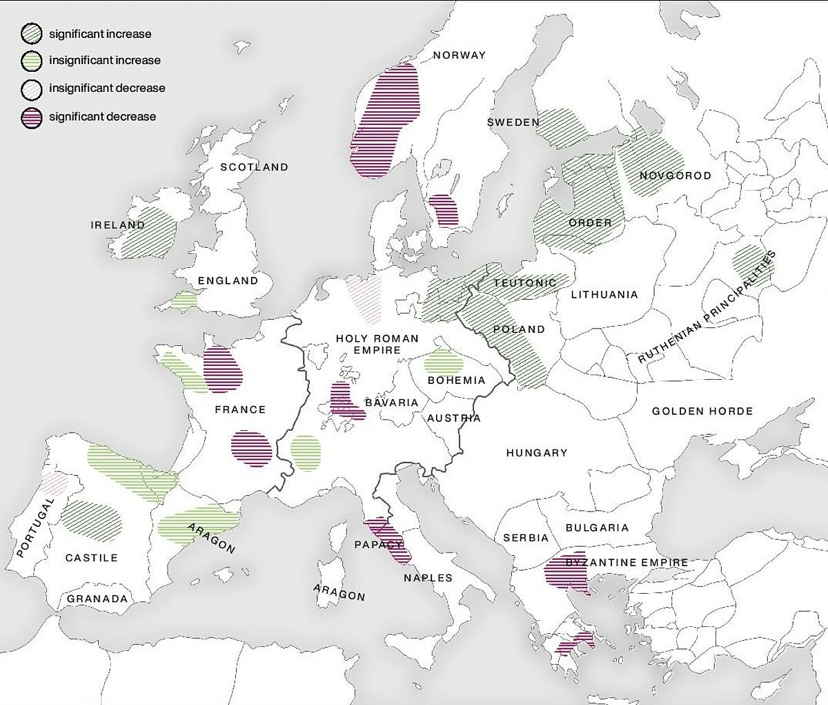 Melnās nāves demogrāfiskās ietekmes reģionālie scenāriji. Krāsas atspoguļo graudaugu ziedputekšņu indikatoru izmaiņas simtgades mērogā. Fona karte ar 14. gs. Eiropas politiskajām robežām.