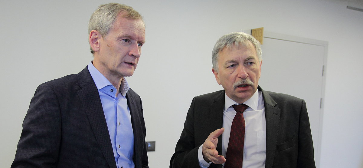 Tallinas Universitātes rektors Tīts Lands un Latvijas Universitātes rektors Indriķis Muižnieks vizītē Latvijas Universitātē 2018. gada decembrī. Foto: Toms Grīnbergs