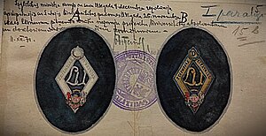 LU Akadēmiskās nozīmītes skice (1. paraugs, 1931) ar Latvijas izglītības ministra apstiprinājumu. Foto: no LNA LVVA