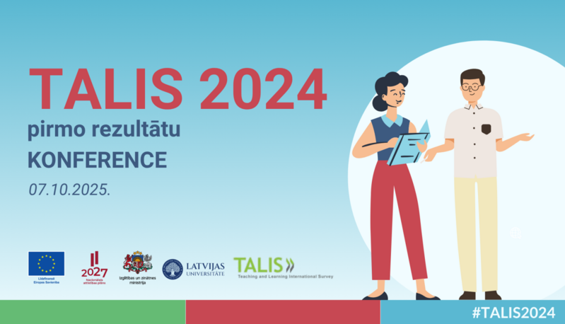 TALIS 2024 pirmo rezultātu konferences afiša, kas notiks 2025. gada 7. oktobrī. Attēlā redzami divi ilustratīvi cilvēki, viens tur planšeti, otrs runā. Apakšā izvietoti organizatoru un atbalstītāju logotipi, kā arī tēmturis #TALIS2024