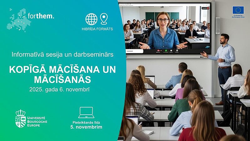 Prezentācija hibrīdā formātā ar dalībniekiem klasē un lektoru ekrānā; kreisajā pusē redzama informācija par semināru “Kopīgā mācīšana un mācīšanās” 2025. gada 6. novembrī