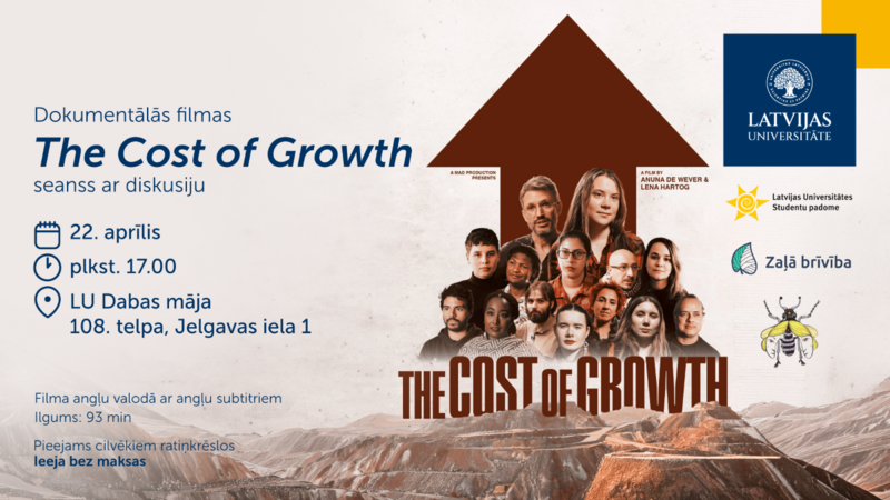 Pasākuma plakāts dokumentālās filmas “The Cost of Growth” seansam ar diskusiju; norādīts datums 22. aprīlis, plkst. 17.00, norises vieta — LU Dabas māja, 108. telpa, Jelgavas iela 1; labajā pusē filmas vizuālis ar cilvēku portretiem un augšup vērstu bultu, redzami Latvijas Universitātes un partneru logo.