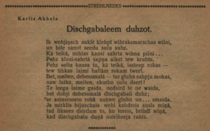 K. Ābeles dzejoļa “Dižgabaliem dūcot” publikācija žūrnālā “Strēlnieks”. 1917. gads. http://www.periodika.lv/periodika2- viewer/?lang=fr#panel:pp|issue :201295|article:DIVL8