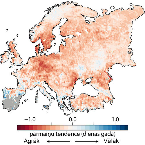 Klimata pārmaiņu ietekmē pavasara atnākšanas laiks Eiropā no gada uz gadu kļūst arvien agrāks. Tomēr šīs pārmaiņas visuviet nenotiek vienādā ātrumā, piemēram, Latvijā, kur pavasara iestāšanās laiks kļuvis teju par 3 nedēļām agrāks salīdzinot ar 1980. gadu sākumu, tās ir straujākas nekā vidēji Eiropā.
