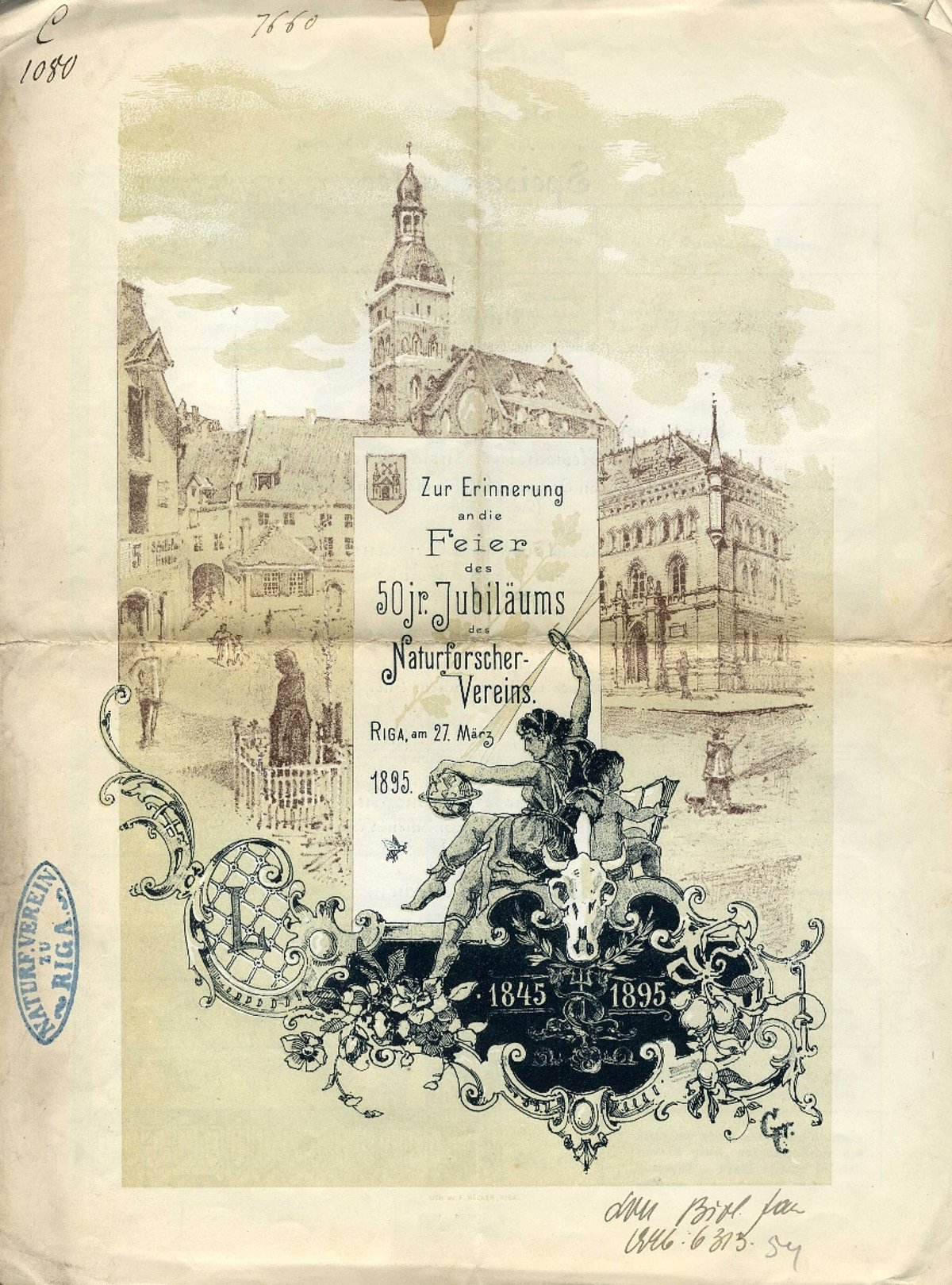 Rīgas Dabaspētnieku biedrības 50 gadu jubilejas piemiņas ēdienkarte. 1895. gads. 1. lpp.