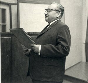 Jānis Lūsis uzstājoties 20. gs. 60. - 70. gadi. Foto: LU Muzeja krājums