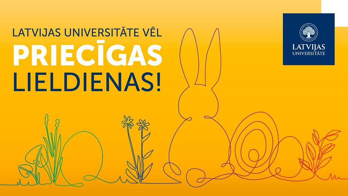 Uz dzeltena fona attēlots vienas līnijas zīmējums ar Lieldienu un pavasara motīviem: zāli, ziediem, olu un centrā sēdošu zaķi, kas skatās uz priekšu