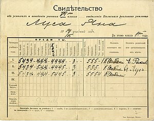 Fragments no Valkas reālskolas liecības Jānim Lūsim, 1914. / 1915. m. g. LU Muzeja krājums