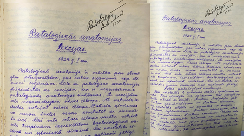 MĒNEŠA PRIEKŠMETS. 1929. gada studenta klade ar profesora Romana Adelheima lekciju pierakstiem