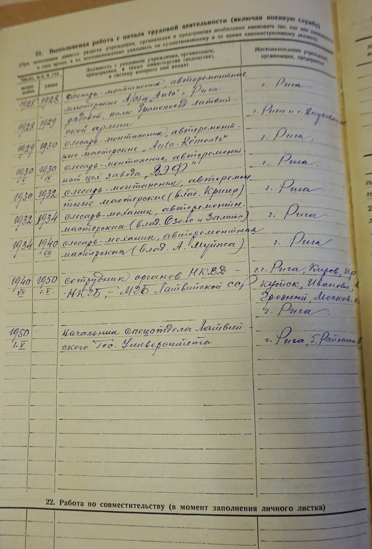 Latvijas Universitātes arhīvs, 7. apr., 7691. l., Stahija Sproģa kadru uzskaites personas lapa.