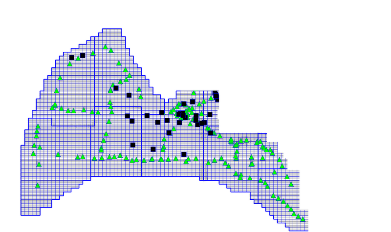 1. Att. Ģeoīda aprēķinu shēma (zaļie trijstūri – GNSS/nivelēšanas punkti, melnie kvadrāti – vertikālas nolieces mērījumi)