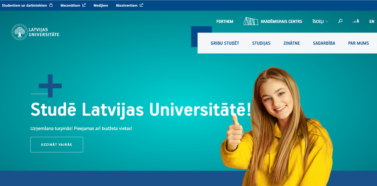 Latvijas Universitātes tīmekļvietne. Foto: ekrānuzņēmums.