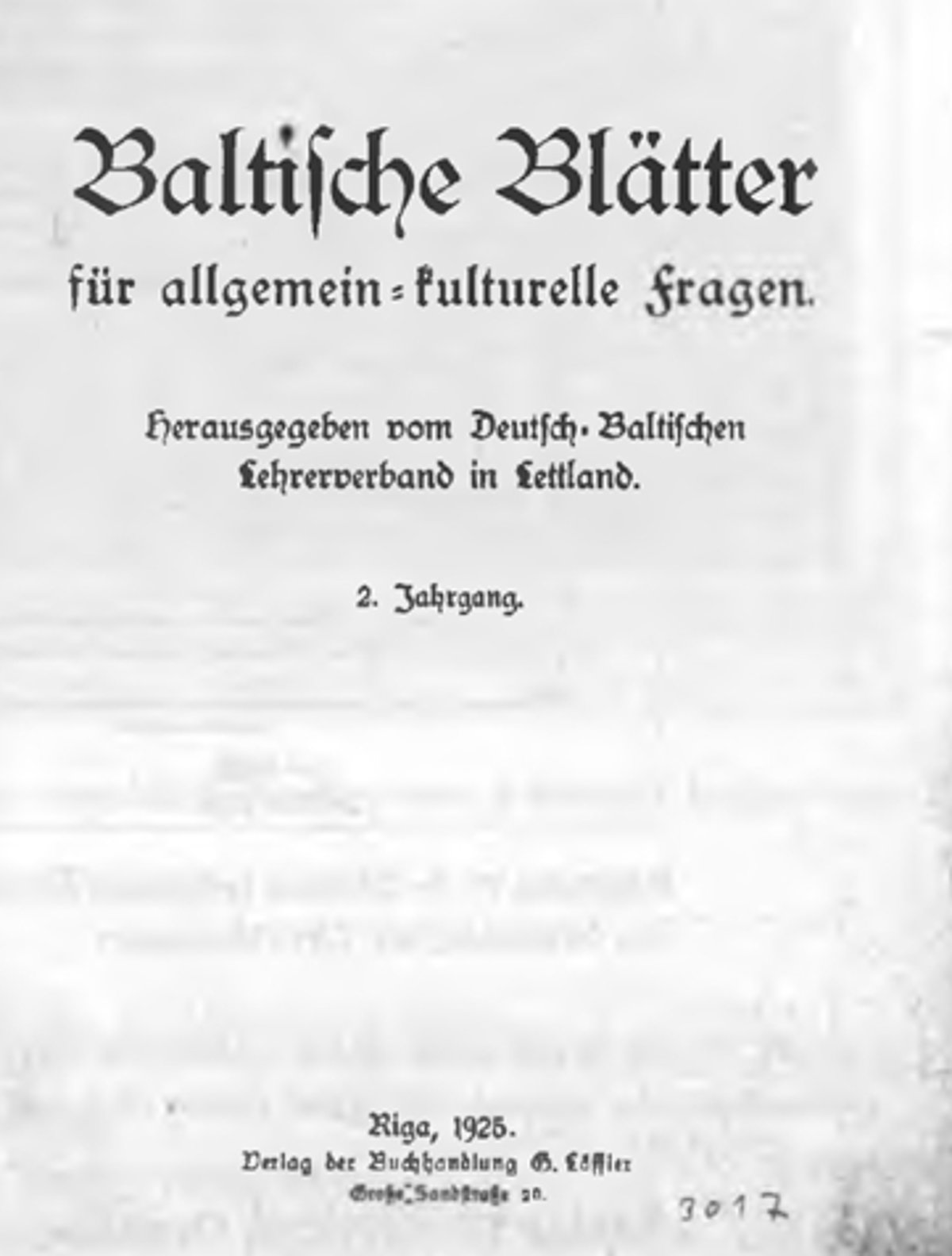 Žurnāla “Baltische Blätter für allgemein-kulturelle Fragen” vāks.  Šajā žurnālā publicēts Mēdera ziņojums par pērļu zvejas vēsturi Vidzemē un Igaunijā.  