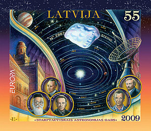 Latvijas Pasta pastmarka par godu Starptautiskajam Astronomijas gadam (2009). Starp izcilākajiem Latvijas astronomiem minēts Kārlis Šteins. Redzams arī asteroīds Nr. 2867 – “Šteins”. Foto: no LU Muzeja F. Candera un Latvijas astronomijas kolekcijas krājuma