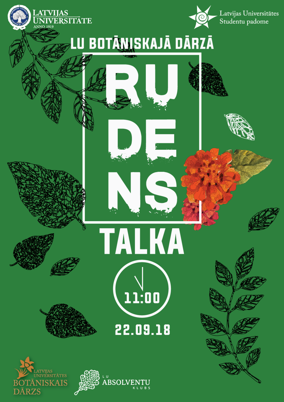 Ķerot atvasaras pēdējos saules starus, absolventi un studenti talkos Botāniskajā dārzā.