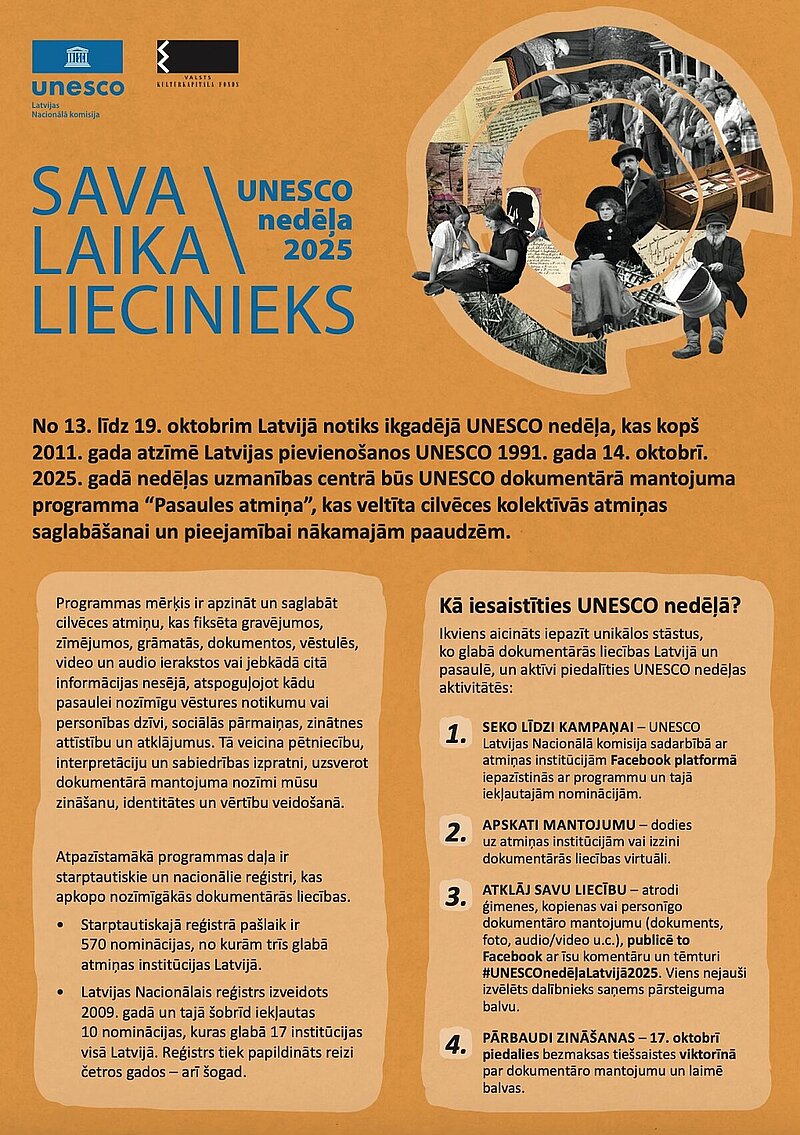 UNESCO nedēļas 2025 informatīva programma ar aprakstu par pasākumiem, mērķiem un dalības iespējām Latvijā