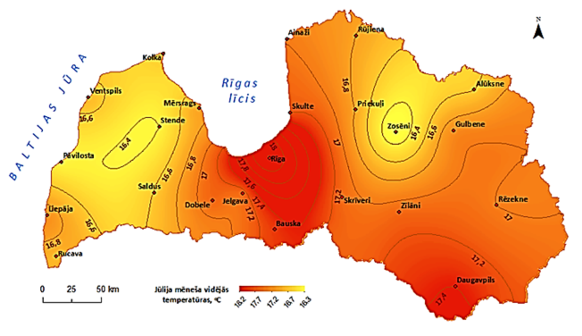 Gada vidējās temperatūras paaugstināšanās Rīgā, laika posmā no 1795. gada, ir 1,3 grādi
