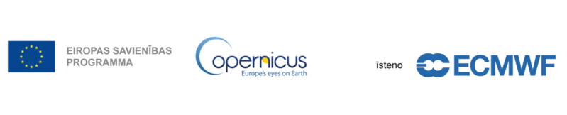 Eiropas Savienības programmas, Copernicus un ECMWF logotipi uz melna fona.
