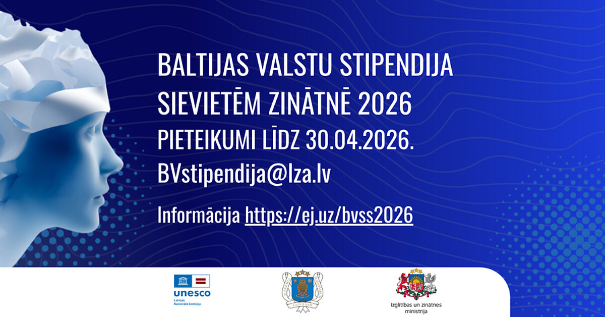 Zilā fonā izvietots paziņojums par Baltijas valstu stipendiju sievietēm zinātnē 2026. gadam, norādot pieteikšanās termiņu līdz 30.04.2026, e‑pasta adresi BVstipendija@lza.lv un saiti uz informāciju. Vizuālajā noformējumā redzams stilizēts balts un zils kristālveida elements un apakšā izvietoti organizatoru logotipi