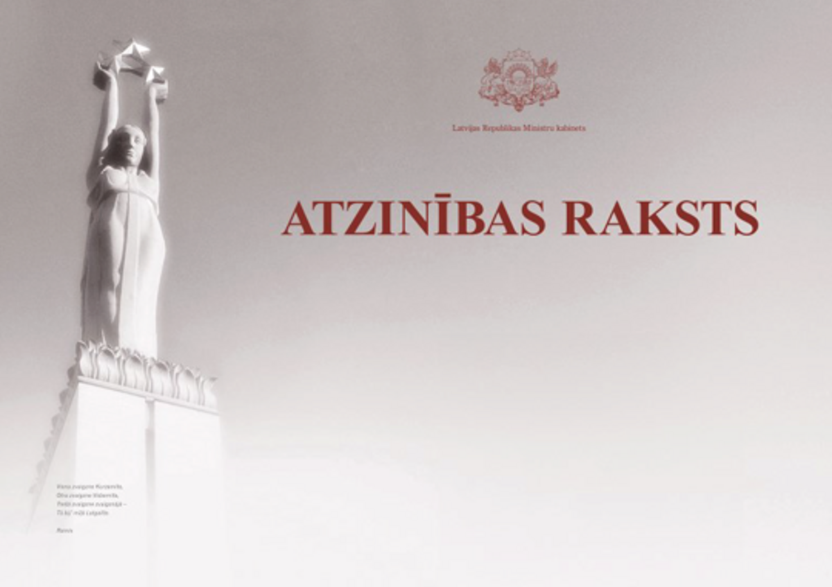 MK Atzinības raksts. Foto no mk.gov.lv