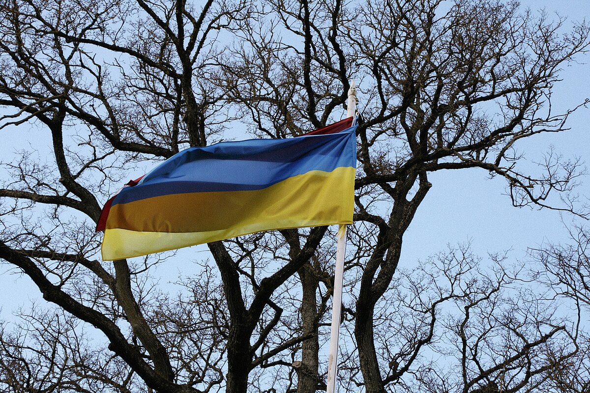 Flag of Ukraine at the entrance to the Botanical Garden of the University of Latvia