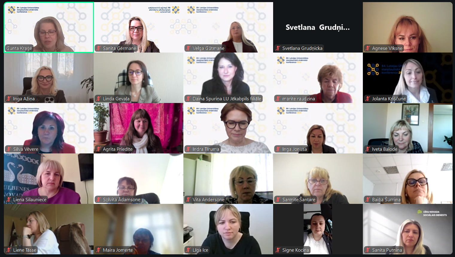 LU 84. starptautiskās zinātniskās konferences tiešsaistes sekcijas sēdes ekrānuzņēmums (nepilns dalībnieku sastāvs)