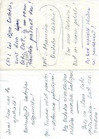 Rokraksta lapiņa ar 1988. gada rudenī Ēvaldam Ikauniekam iesniegtajiem priekšlikumiem LVU Fizikas un matemātikas fakultātes lozungiem Lielās Oktobra Sociālistiskās Revolūcijas svētku plakātiem. Materiāls no LU Muzeja krājuma.