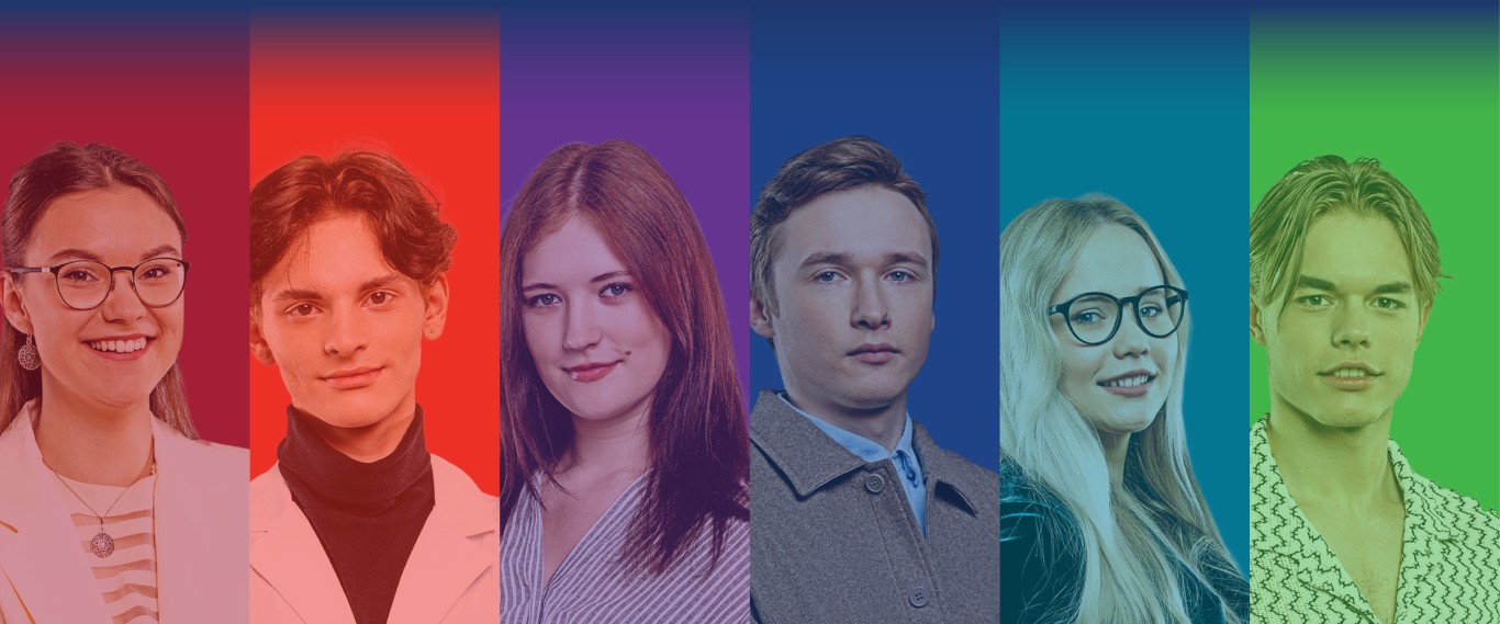 6 jaunieši uz LU fakultāšu krāsu fona. 