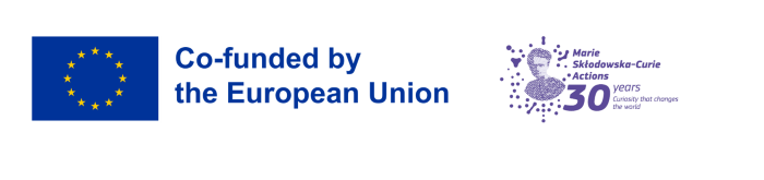 White background with two logos and English text. On the left is the European Union flag (blue rectangle with a circle of yellow stars) alongside the text “Funded by the European Union.” On the right is the “Marie Skłodowska-Curie Actions” visual identity in purple, featuring a stylized portrait and the text “30 years – Curiosity that changes the world.”