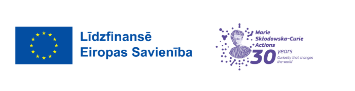 Kreisajā pusē Eiropas Savienības karogs (zils taisnstūris ar dzeltenu zvaigžņu apli) un teksts “Līdzfinansē Eiropas Savienība”. Labajā pusē “Marie Skłodowska-Curie Actions” vizuālā identitāte ar stilizētu portretu punktu grafikā un tekstu “30 years – Curiosity that changes the world”.