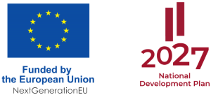 Eiropas Savienības NextGenerationEU finansējuma logotips ar ES karogu un tekstu ‘Funded by the European Union — NextGenerationEU’, blakus Nacionālā attīstības plāna 2027 logotips sarkanā krāsā