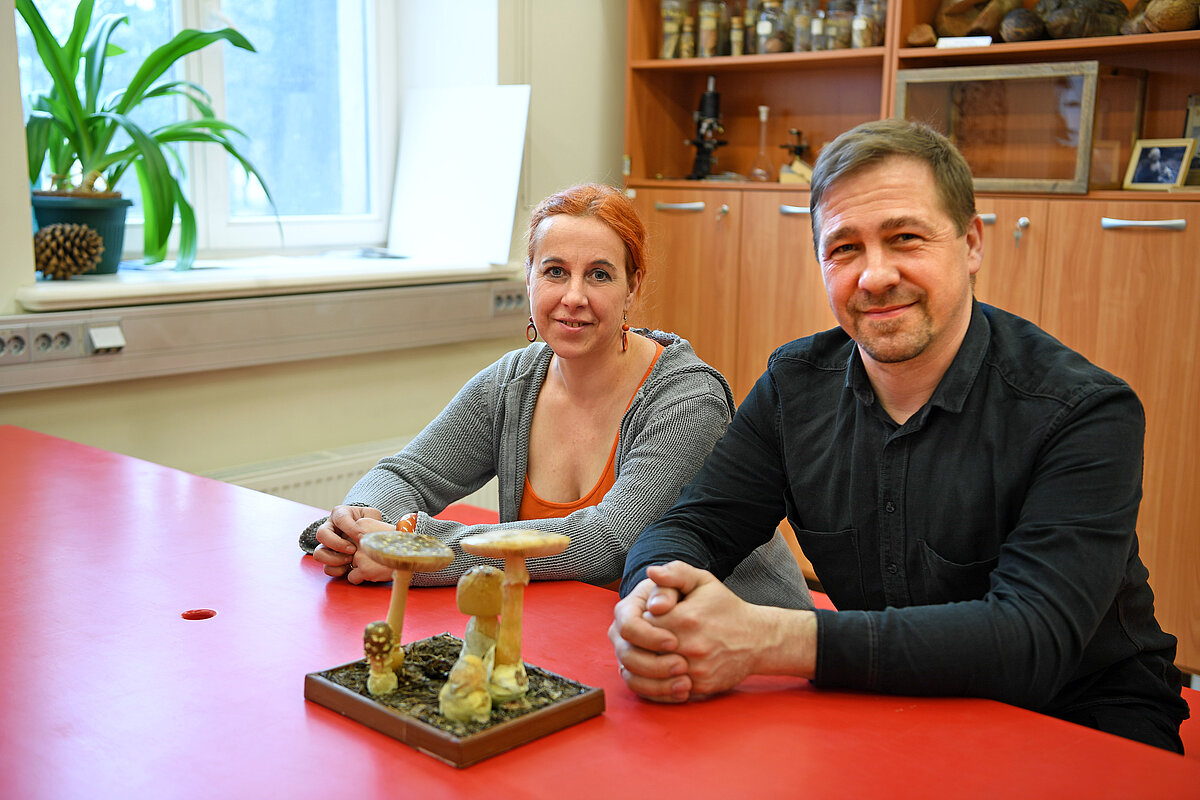LUMuzeja krājuma glabātāja D. Jamonte un restaurators M. Jēkabsons pie sēņu mulāžas