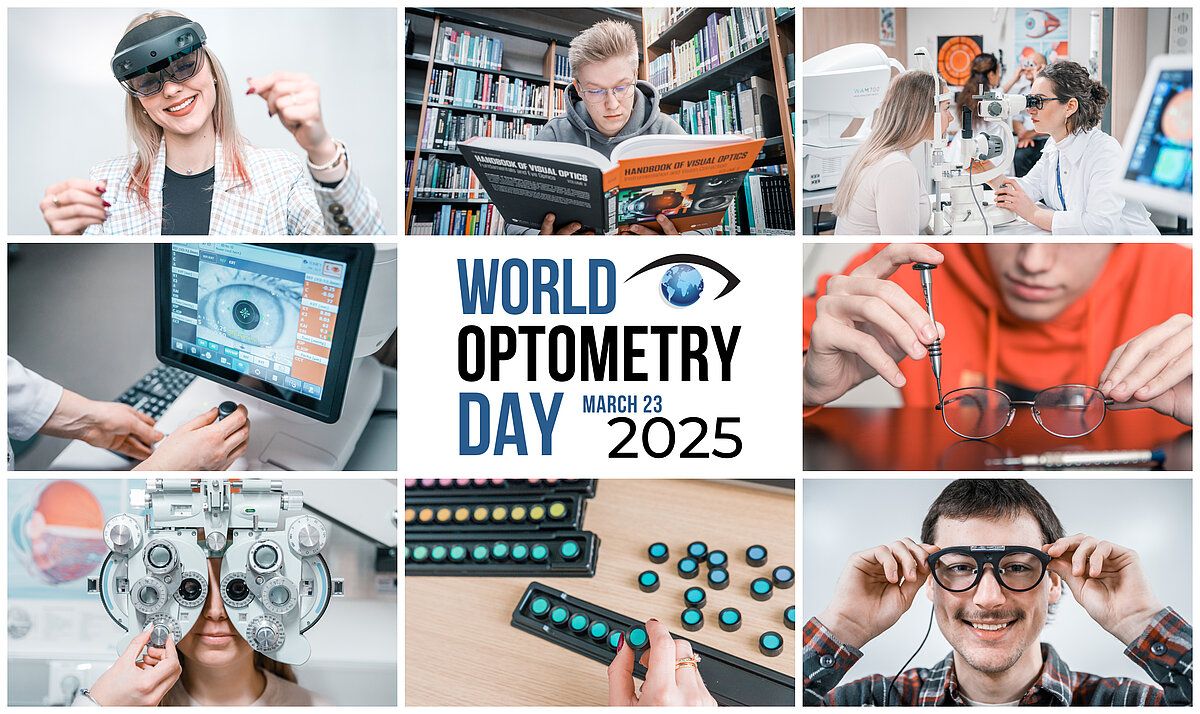 Fotogrāfijas ar dažādām optometrijas procedūrām un iekārtām