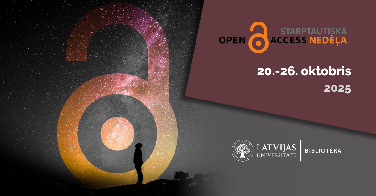 Starptautiskās atvērtās piekļuves nedēļas 2025 (Open Access Week 2025) vizuālais plakāts ar atvērtās piekļuves simbolu un cilvēka siluetu uz zvaigžņota fona