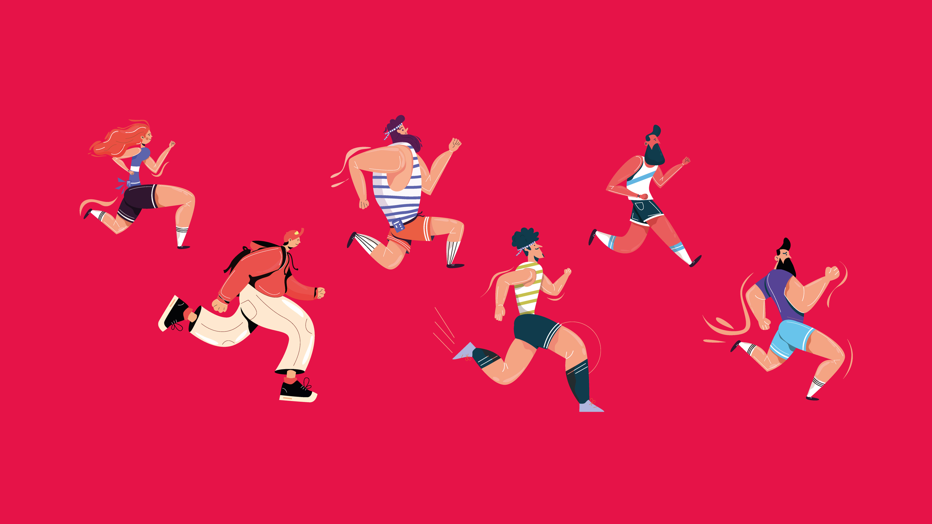 Stilizēti skrējēji kustībā uz spilgti sarkana fona.