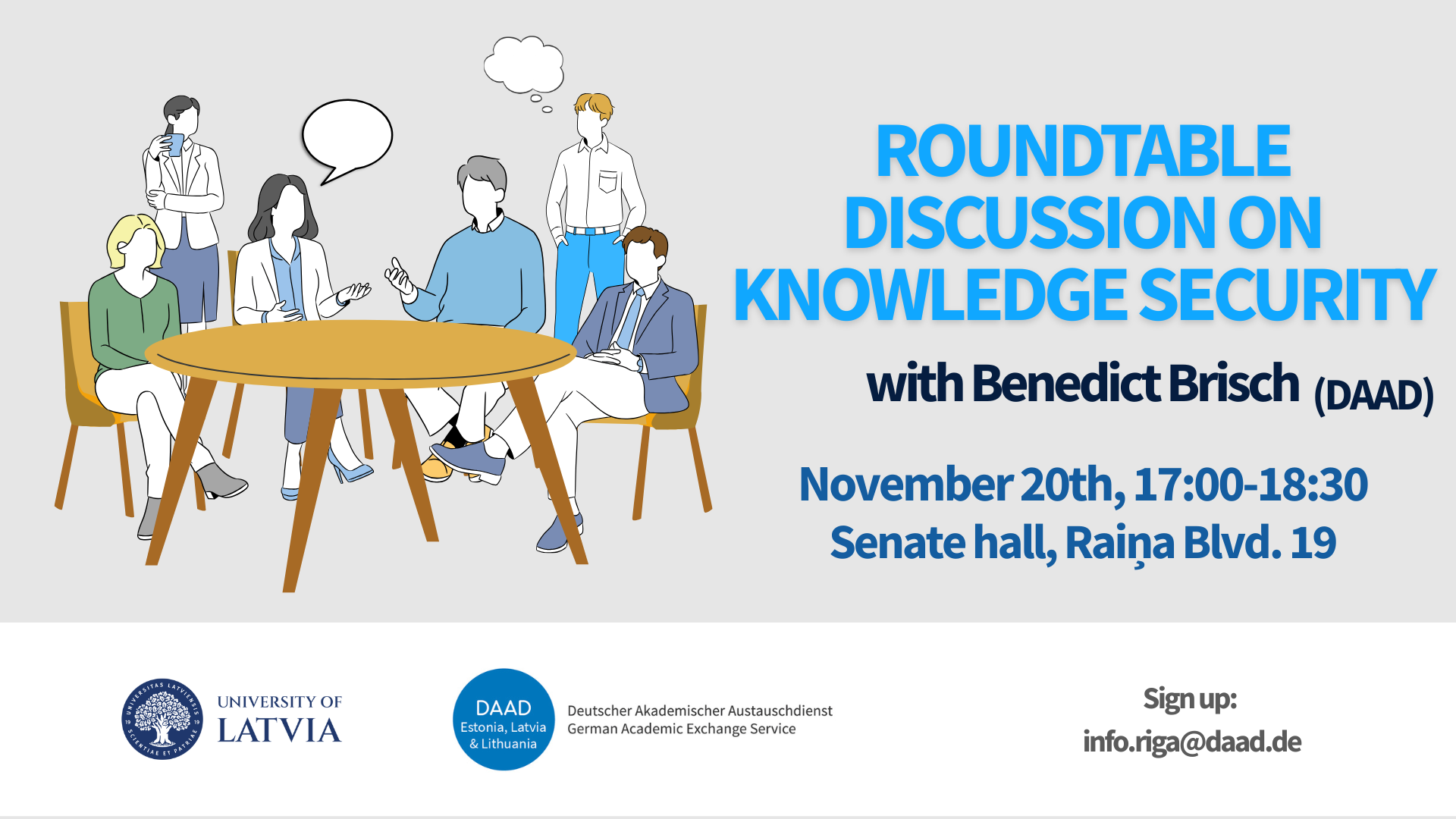 Illustration of five people around a round table with text: “Roundtable discussion on knowledge security with Benedict Brisch (DAAD), November 20th, 17:00–18:30, Senate hall, Raiņa Blvd. 19