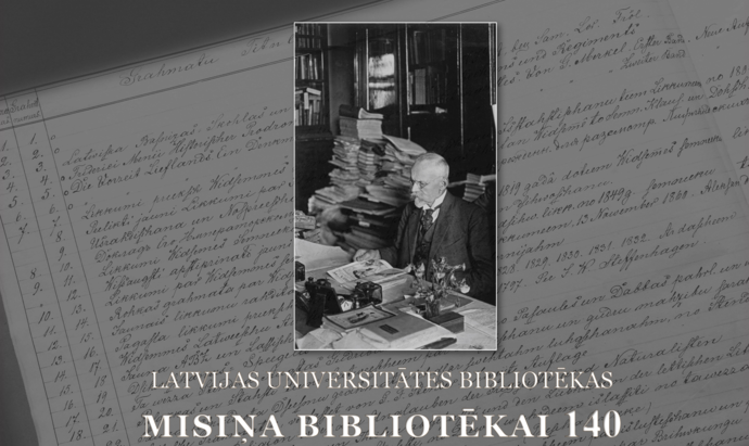 Latvijas Universitātes bibliotēkas Misiņa bibliotēkai 140 – vēsturiska fotogrāfija ar bibliotēkas dibinātāju pie darba galda.