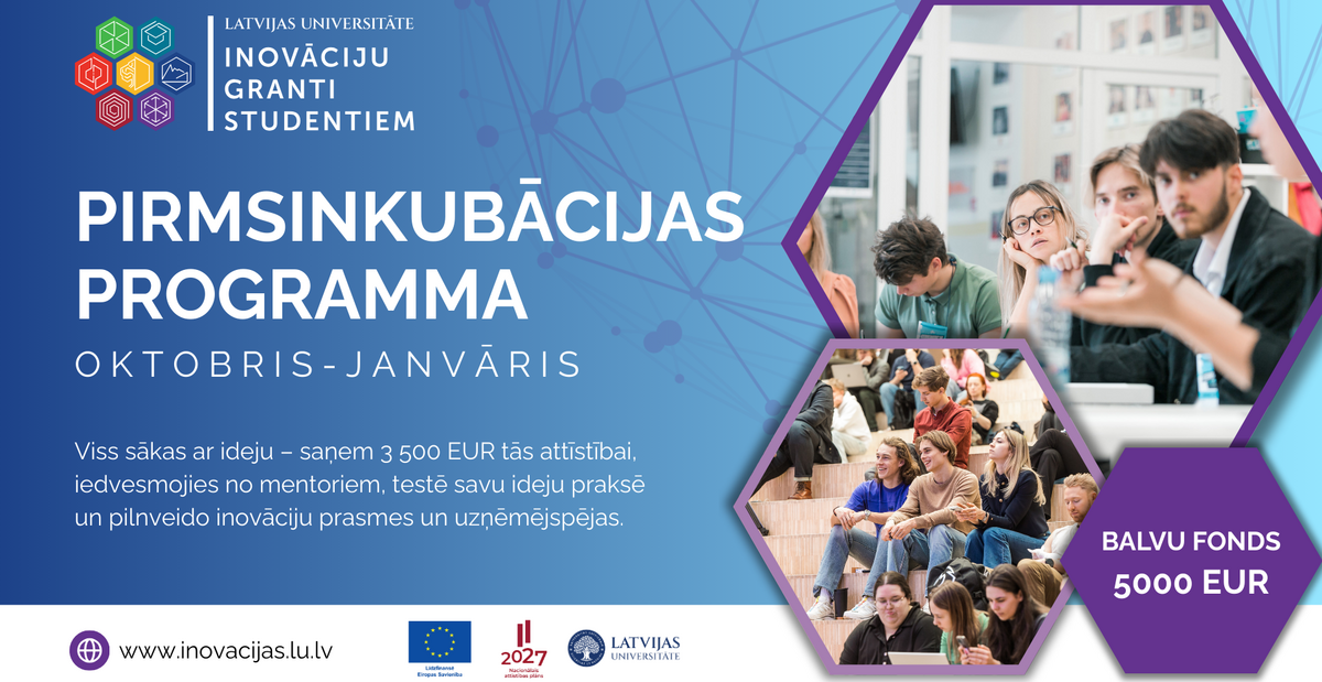 Vizuālis ar tekstu: 'Pirmsinkubācijas programma oktobris–janvāris. Viss sākas ar ideju – saņem 3 500 EUR tās attīstībai, iedvesmojies no mentoriem, testē savu ideju praksē un pilnveido inovāciju prasmes un uzņēmējspējas. Balvu fonds 5000 EUR.' Kreisajā pusē programmas logo un informācija, labajā pusē fotogrāfijas ar studentiem lekcijās un diskusijās