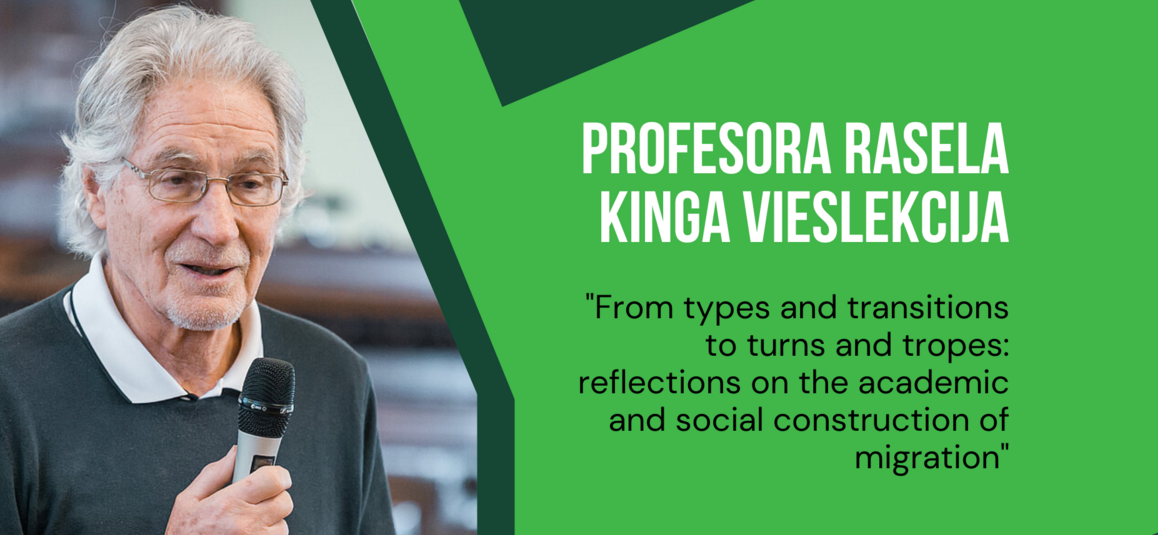 Afiša ar profesora Rasela Kinga vieslekciju “From types and transitions to turns and tropes: reflections on the academic and social construction of migration”. Attēlā redzams profesors ar mikrofonu rokā.