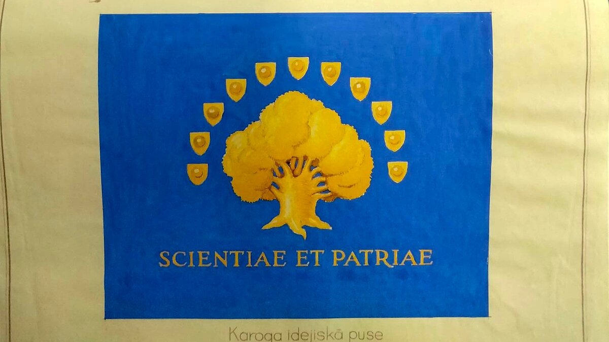 Zila karoga dizains ar centrā attēlotu stilizētu zelta koku; virs koka puslokā izvietoti mazi zelta vairoga formas simboli, bet zemāk redzams uzraksts “Scientiae et Patriae”