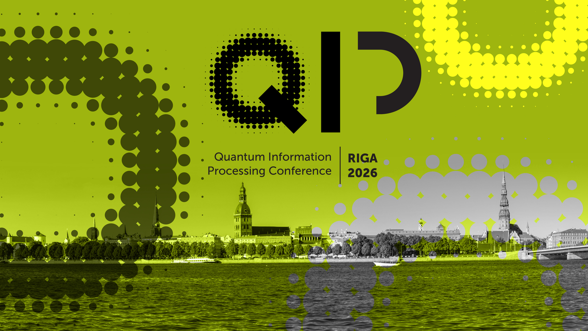 QIP konferences 2026 vizuālis: Quantum Information Processing, Rīga, stilizēta pilsētas panorāma zaļos toņos.