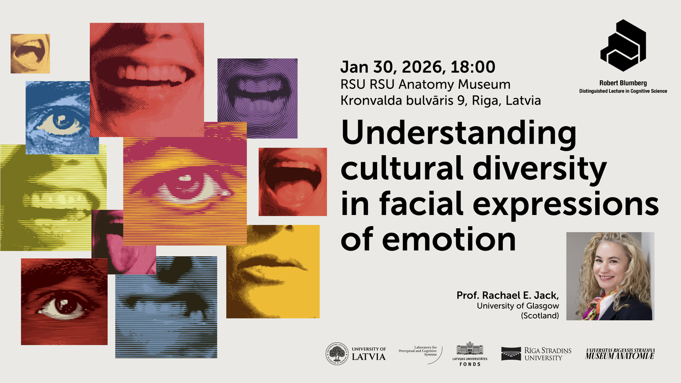 Collage of colorful facial expression fragments next to event details for a lecture on cultural diversity in facial emotion expression